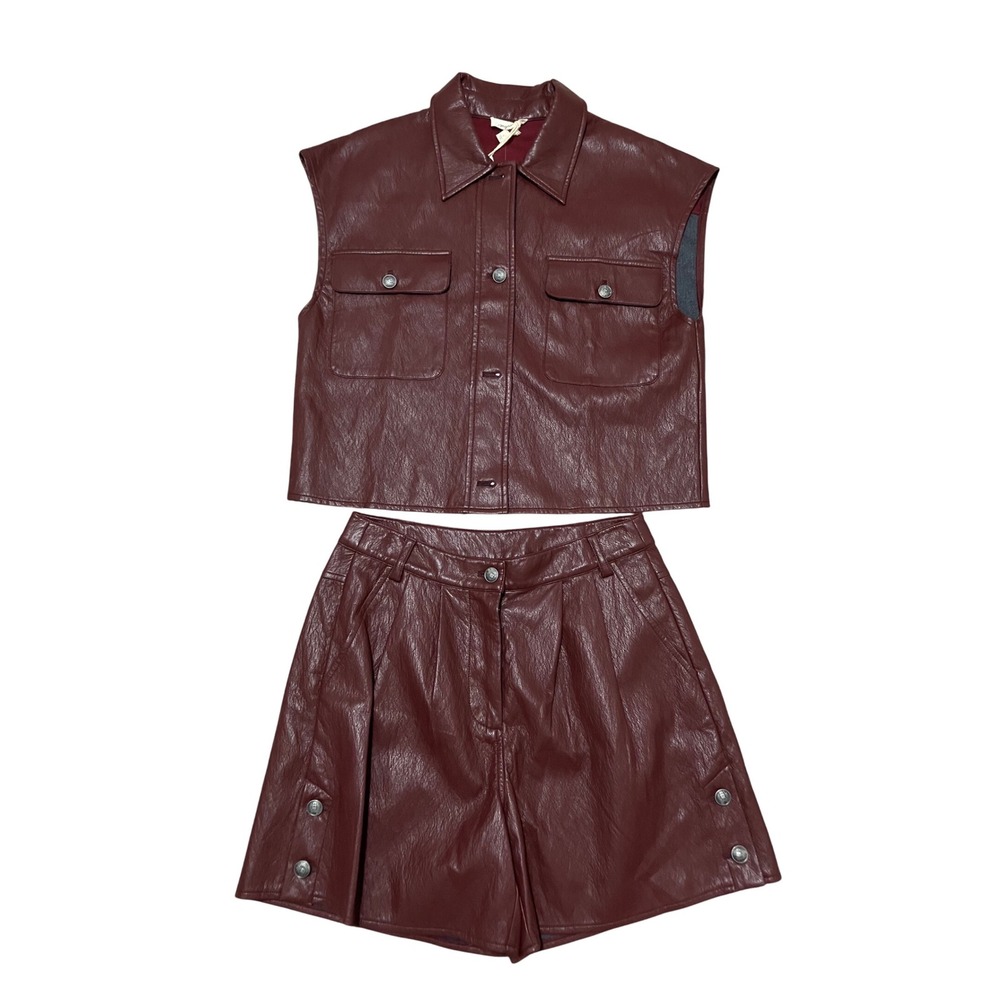 MYSTREE Burgundy Faux Leather Vest Crop Top & Button Shorts Set Women's Small